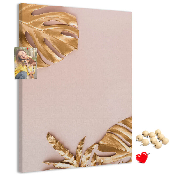 Tableau en liège fantaisie Feuilles dorées sur un fond rose délicat