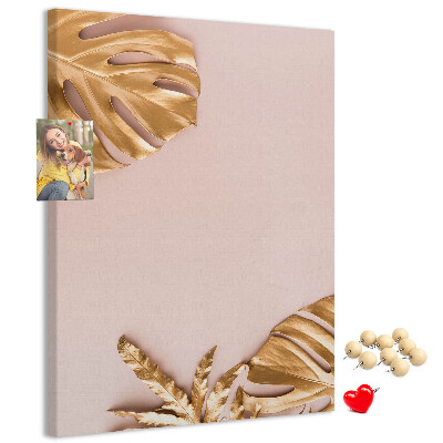 Tableau en liège fantaisie Feuilles dorées sur un fond rose délicat