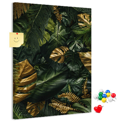 Tableau en liège fantaisie Feuilles dorées dans une composition végétale tropicale