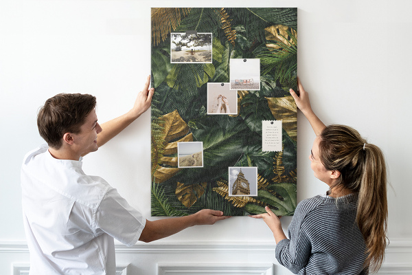 Tableau en liège fantaisie Feuilles dorées dans une composition végétale tropicale