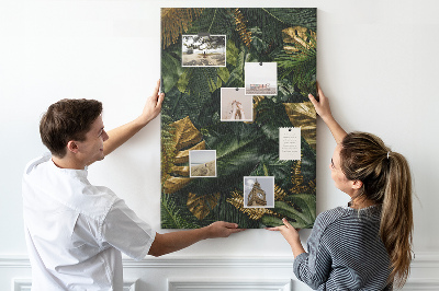 Tableau en liège fantaisie Feuilles dorées dans une composition végétale tropicale