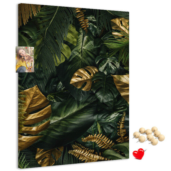 Tableau en liège fantaisie Feuilles dorées dans une composition végétale tropicale