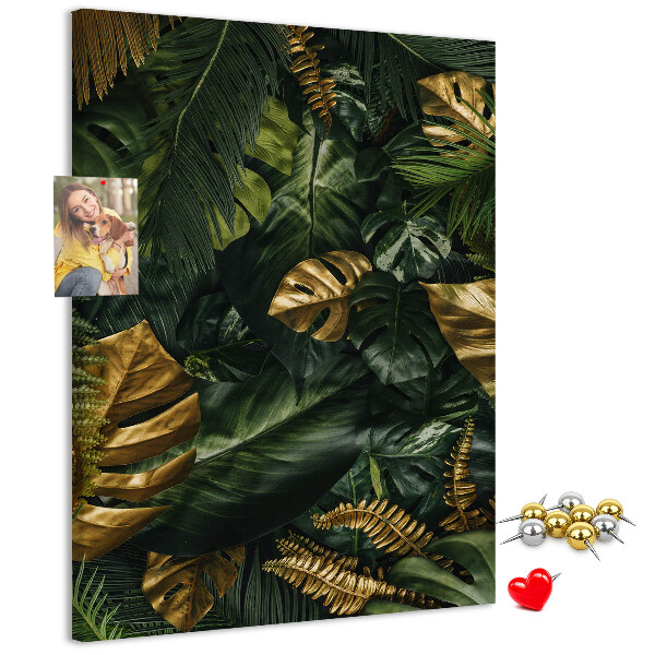 Tableau en liège fantaisie Feuilles dorées dans une composition végétale tropicale