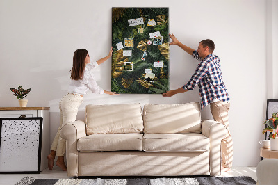 Tableau en liège fantaisie Feuilles dorées dans une composition végétale tropicale