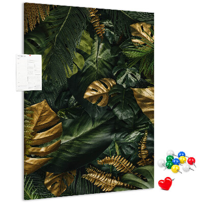 Tableau en liège fantaisie Feuilles dorées dans une composition végétale tropicale