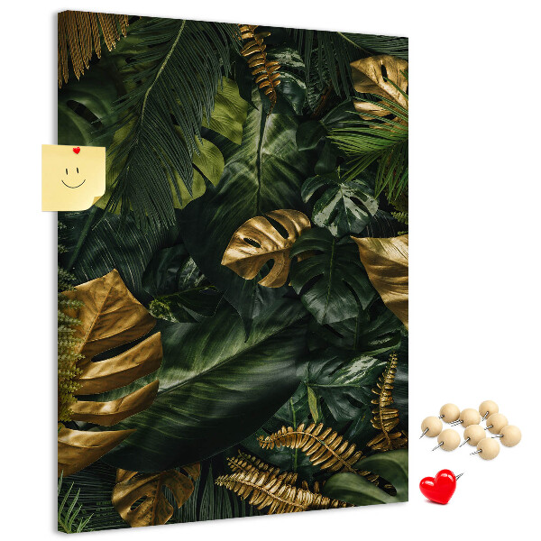 Tableau en liège fantaisie Feuilles dorées dans une composition végétale tropicale