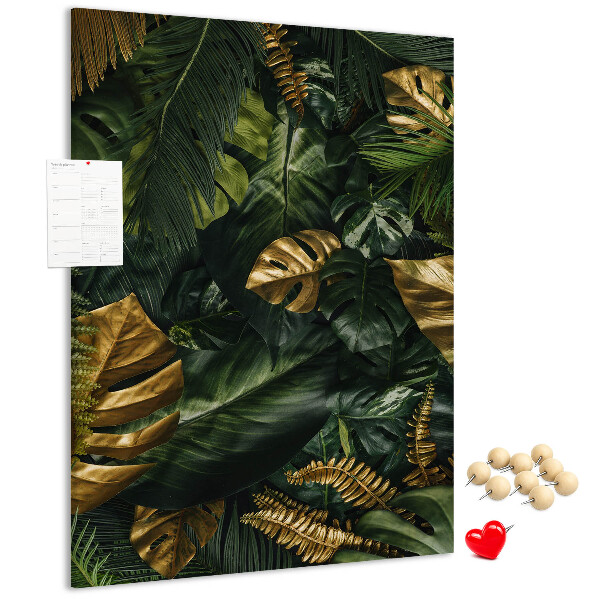 Tableau en liège fantaisie Feuilles dorées dans une composition végétale tropicale