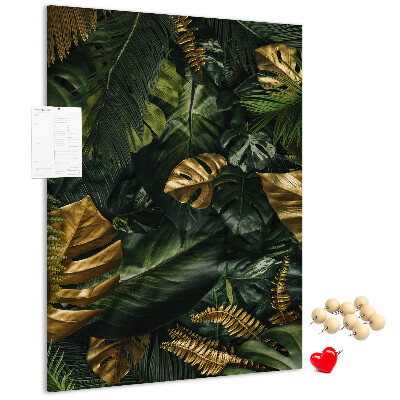 Tableau en liège fantaisie Feuilles dorées dans une composition végétale tropicale