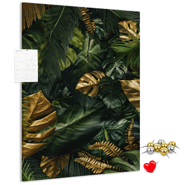 Tableau en liège fantaisie Feuilles dorées dans une composition végétale tropicale