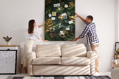 Tableau en liège fantaisie Feuilles dorées dans une composition végétale tropicale