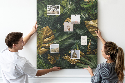 Tableau en liège fantaisie Feuilles dorées dans une composition végétale tropicale
