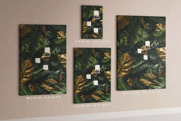 Tableau en liège fantaisie Feuilles dorées dans une composition végétale tropicale