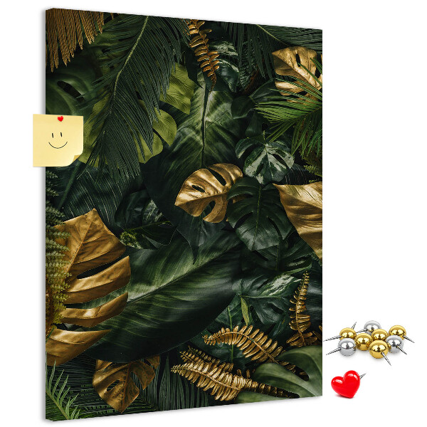Tableau en liège fantaisie Feuilles dorées dans une composition végétale tropicale