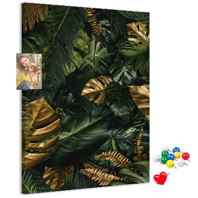 Tableau en liège fantaisie Feuilles dorées dans une composition végétale tropicale
