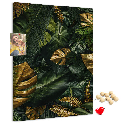 Tableau en liège fantaisie Feuilles dorées dans une composition végétale tropicale