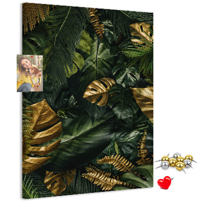 Tableau en liège fantaisie Feuilles dorées dans une composition végétale tropicale