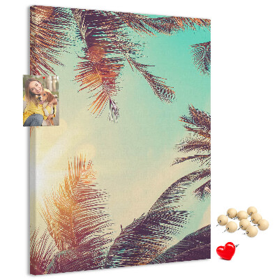 Tableau en liège fantaisie Feuilles de palmier tropicales au soleil couchant