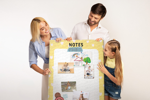 Tableau en liège fantaisie Carnet avec des cœurs et une tasse