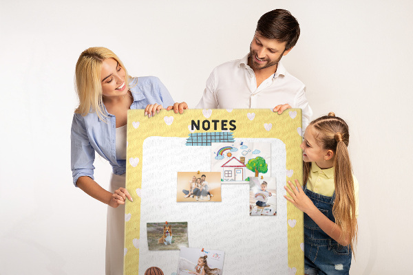 Tableau en liège fantaisie Carnet avec des cœurs et une tasse