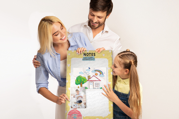 Tableau en liège fantaisie Carnet avec des cœurs et une tasse