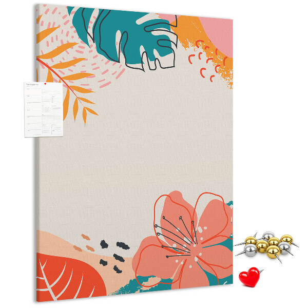 Tableau en liège fantaisie Feuilles et fleurs tropicales aux teintes pastel
