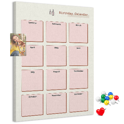 Tableau en liège déco Calendrier d'anniversaires avec espace pour les notes