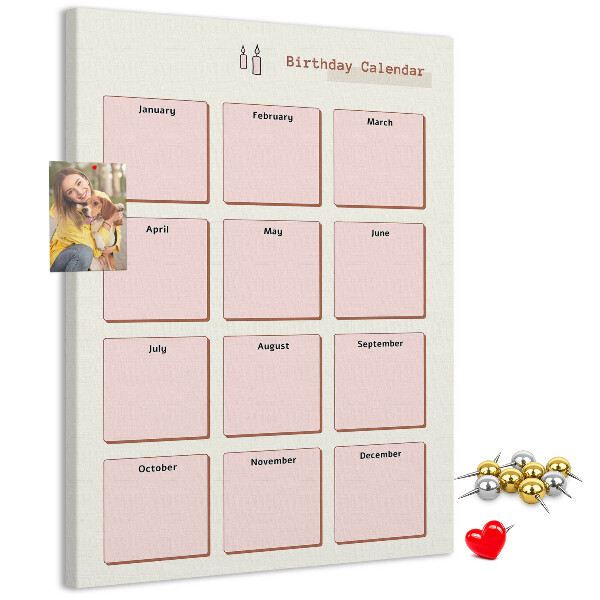 Tableau en liège déco Calendrier d'anniversaires avec espace pour les notes