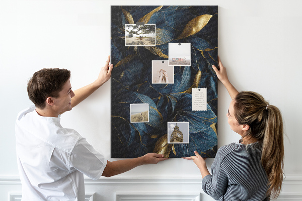 Tableau en liège déco Feuilles dorées sur fond sombre