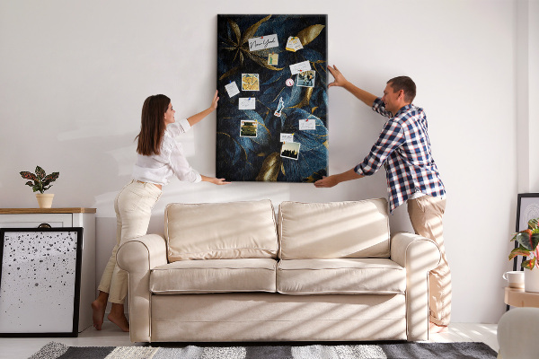 Tableau en liège déco Feuilles dorées sur fond sombre