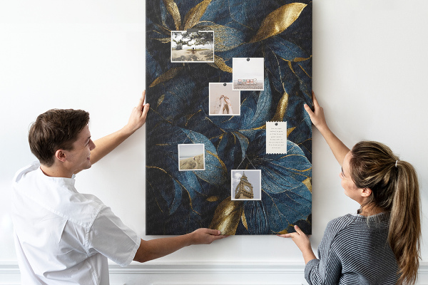 Tableau en liège déco Feuilles dorées sur fond sombre