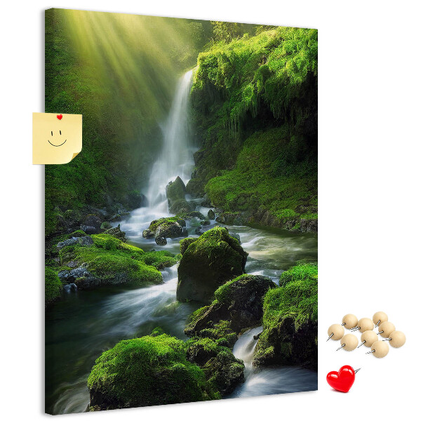 Tableau en liège déco Vallée verdoyante avec une cascade et un ruisseau