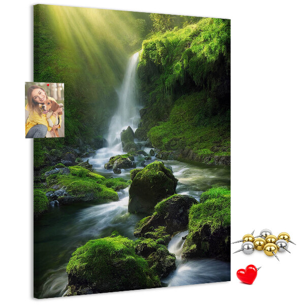 Tableau en liège déco Vallée verdoyante avec une cascade et un ruisseau
