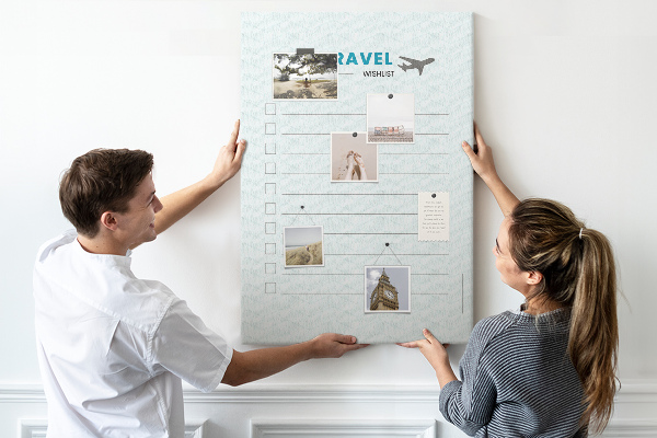 Tableau en liège fantaisie Liste de souhaits de voyage aux couleurs pastel