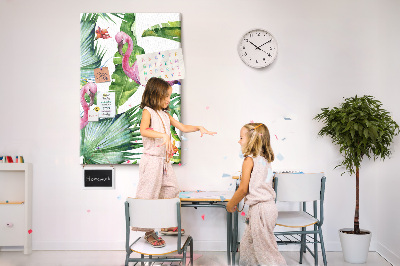 Tableau en liège déco Des flamants roses joyeux dans un cadre tropical