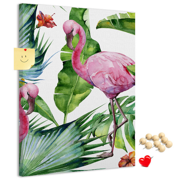 Tableau en liège déco Des flamants roses joyeux dans un cadre tropical
