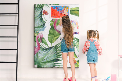Tableau en liège déco Des flamants roses joyeux dans un cadre tropical