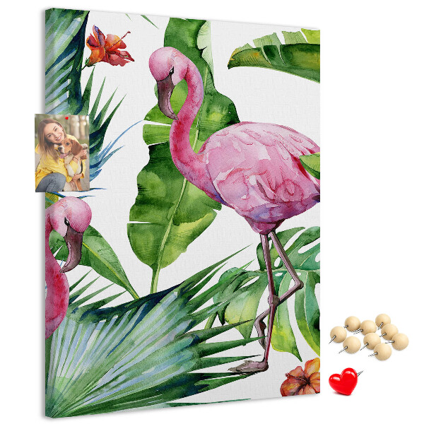 Tableau en liège déco Des flamants roses joyeux dans un cadre tropical