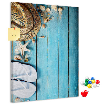 Tableau en liège déco Accessoires d'été sur fond de bois bleu