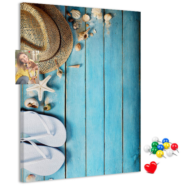 Tableau en liège déco Accessoires d'été sur fond de bois bleu