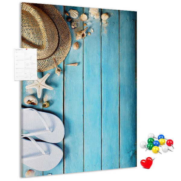 Tableau en liège déco Accessoires d'été sur fond de bois bleu