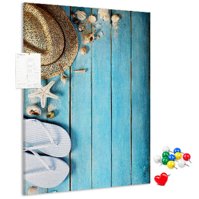 Tableau en liège déco Accessoires d'été sur fond de bois bleu