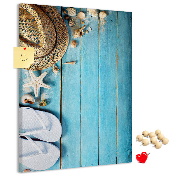 Tableau en liège déco Accessoires d'été sur fond de bois bleu
