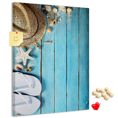 Tableau en liège déco Accessoires d'été sur fond de bois bleu