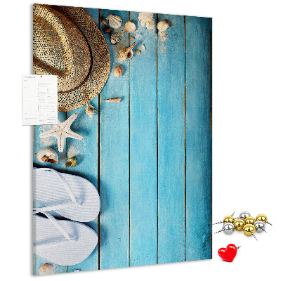 Tableau en liège déco Accessoires d'été sur fond de bois bleu