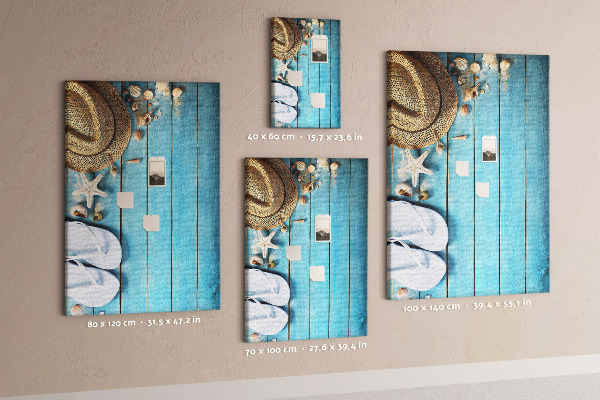Tableau en liège déco Accessoires d'été sur fond de bois bleu