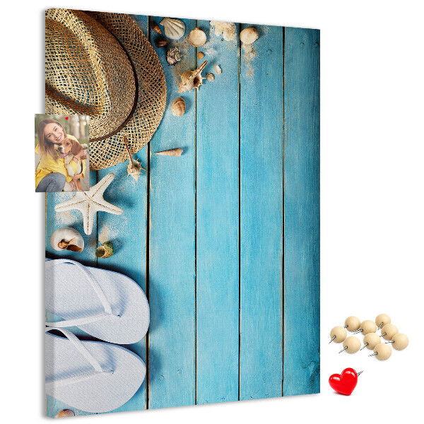 Tableau en liège déco Accessoires d'été sur fond de bois bleu