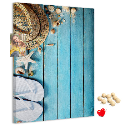 Tableau en liège déco Accessoires d'été sur fond de bois bleu