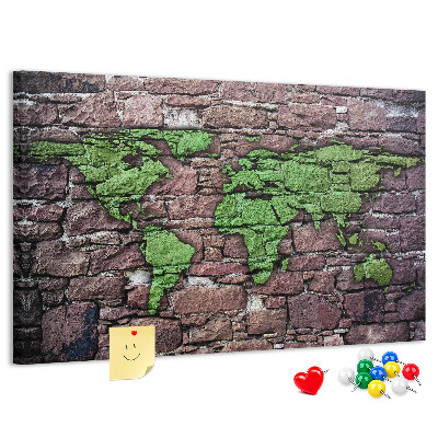 Tableau en liège Carte du monde verte sur un mur de pierre