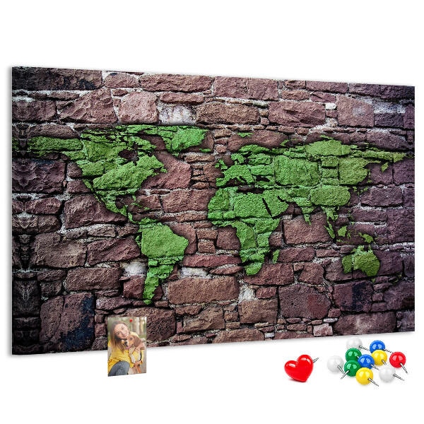 Tableau en liège Carte du monde verte sur un mur de pierre