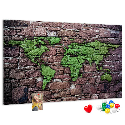 Tableau en liège Carte du monde verte sur un mur de pierre
